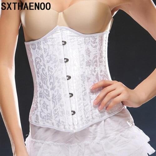 SXTHAENOO Jacquard Women Waist Trainer Shaper Vintage Corselet Steel Boned Support Shapewear Pleated Trim Corset Bustier