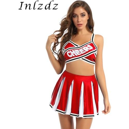 2Pcs Women Lingerie Sexy Cheerleader Uniform Outfit Erotic Sex Cosplay Costume Back Cross Crop Top with High Waist Pleated Skirt