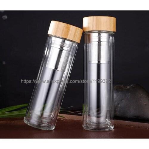 10pcs 450ml Bamboo lid Double Walled glass tea tumbler. Includes strainer and infuser basket Free FEDEX DHL Shipping
