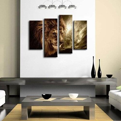 4 Panel Wall Art Canvas Prints Brown Fierce Lion Against Stormy Sky Painting Canvas HD Print Animal Pictures for Home Decoration