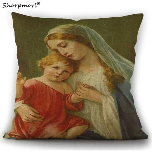 45x45cm Luxury Cotton Linen One Side Printed Sofa Car Seat Pillow Cushion Covers The Mother The Son and Jesus