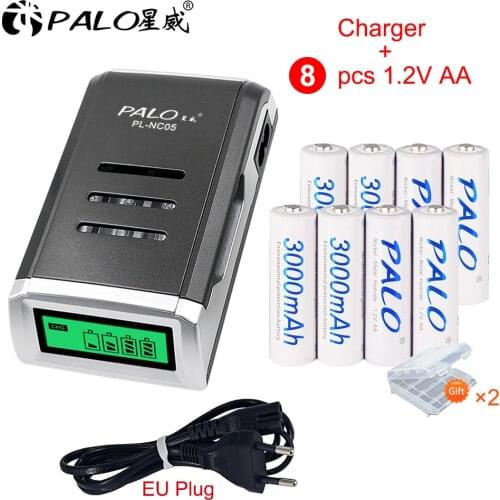 4 Slots LCD display Smart battery Charger for AA/AAA NIHM Battery+8 pcs AA 3000mah nimh rechargeable batteries 1.2v battery