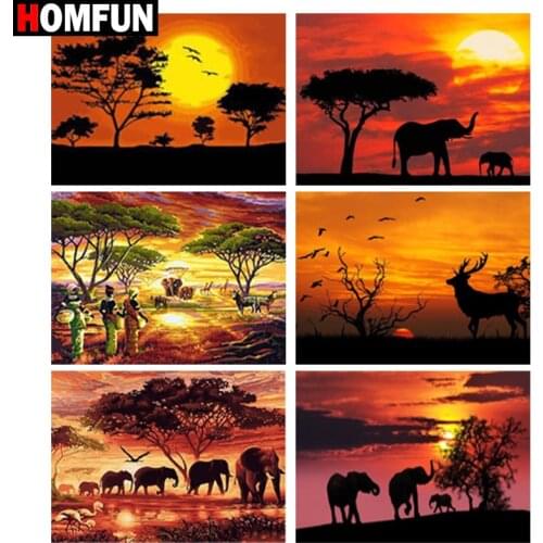 HOMFUN 5D Diy Diamond Painting Cross Stitch "Dusk landscape elephant" Home Decor Full Rhinestones Inlay Diamond Embroidery