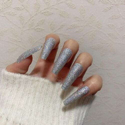 Glitter Fake Nails with Glue Coffine Ballet False Nails Blingbling Solid Color Nails DIY Manicure Press On Nails Nail Art Tools