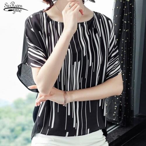 Blusas 2021 Summer New Korean Loose Short Sleeve Chiffon Blouse Thin Round Neck Striped Irregular Women Blouse and Tops 9177 50