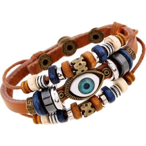 Ethnic Retro Vintage Evil Eye Charm Bracelet Buckle Wrap Bangle Multi-layer Beads Cuff Leather Wristbands Unisex Fashion Jewelry