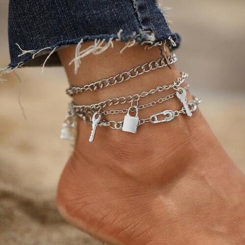 4Pcs/Set Key Lock Pendant Anklets for Women Summer Barefoot Sandals on Foot Jewelry Trendy Punk Accessories AM3149