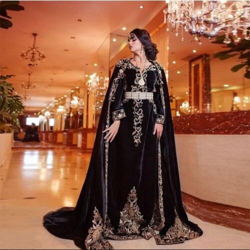 Black Velour Mermaid Moroccan Kaftan Evening Dresses With Shawl Long Sleeves Lace Appliques Formal Dress Special Occasion Gown