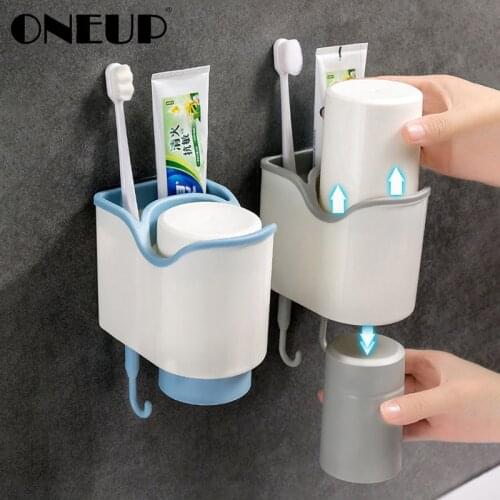 ONEUP Magnetic Adsorption Toothbrush Holder Inverted Cup Wall Mounted Toiletries Storage Rack With Hook Bathroom Accessories Set