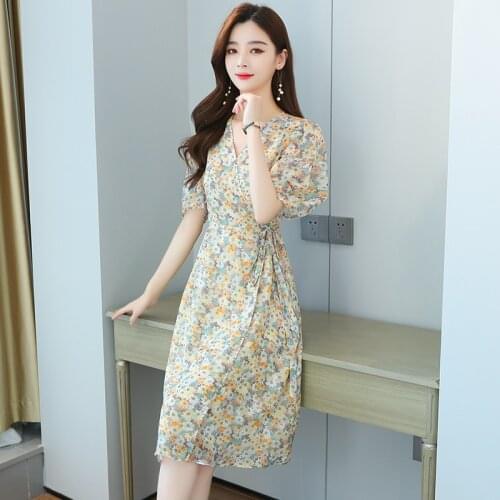 Fashion new summer V-neck Long dress French retro Short sleeve small floral dress female 2021 sexy dress