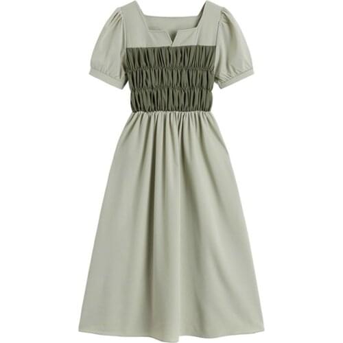 Shirring Vintage Square Collar French Dress 2021 Sweet Fashion Midi Female Dresses Puff Sleeves Elegant Solid Color Sundresses