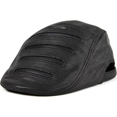 XdanqinX Mens Genuine Leather Cap Berets Personality Decoration Sheepskin Leather Beret Flat Caps For Men Trendy Hip Hop Hat