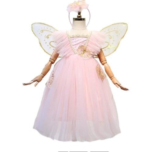 4Pcs Girls Flower Fairy Dress Kids Princess Fairies Fancy Dresses With Wings Child Halloween Frocks Children Birthday Party Gown