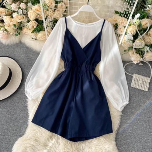 2020 Autumn Elegant Women Transparent Lantern Long Sleeves Tops+ wide leg Jumpsuit Set 2pcs Suit Party Birthday Gift