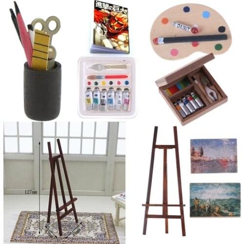 Dollhouse Mini Portrait Drawing Frame Drawing Board Mini Painting Box Pigment Sticks Simulation Doll House Accessories