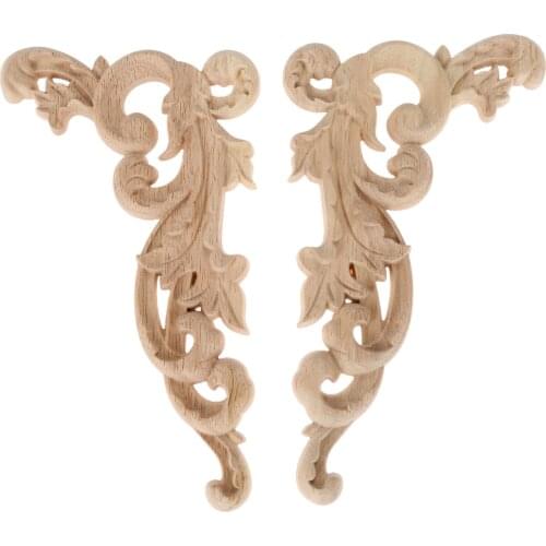 Left/ Right 19*11cm Unpainted Wooden Carved Decal Corner Woodcarving Onlay Applique Flower Furniture Cabinet Box Door Decoration