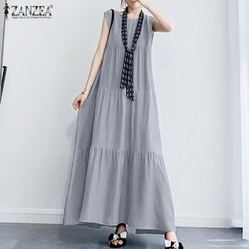 ZANZEA 2021 Stylish Womens Ruffle Sundress Solid Summer Dress Casual Sleeveless Maxi Vestidos Female O neck Robe Oversized