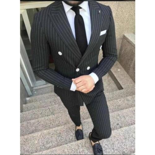 2019 slim fit Dark gray blue stripe men suit for wedding best man double breasted suit tuxedo groom suits white button pant with