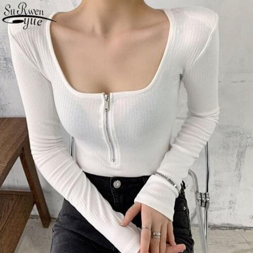 New Spring Knitted White Blouse Shirt Long Sleeve Office Ladies Shirt Tops Square Collar Solid Blouses Women Casual Blusas 12943
