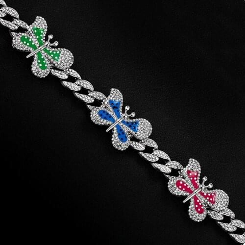 Hip Hop Gothic Butterfly Necklace Bling Rhinestones Iced Out Cuban Link Chain Necklace Chocker Hip Hop Jewelry Accessories