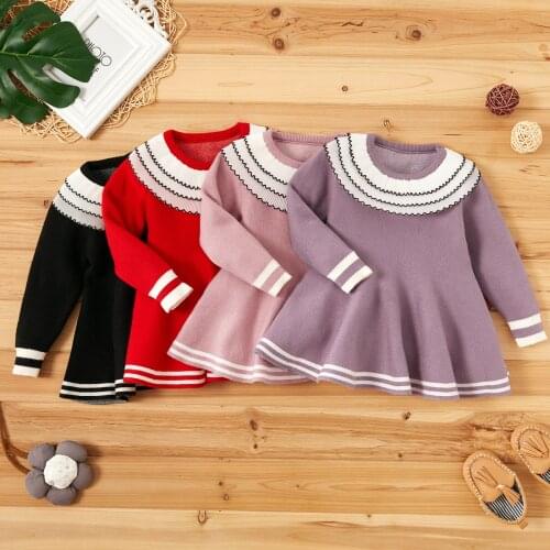 PatPat 2020 New Winter Baby Sweet Solid Striped Doll Collar Long-sleeve Dress for Baby Girl