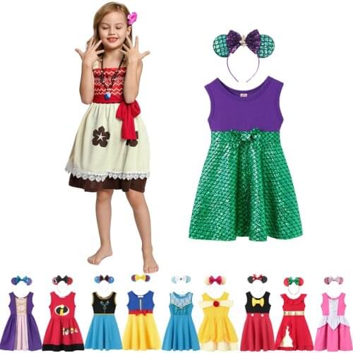 Girls Clothing Snow White Princess Dress Clothing Kids Clothes Belle Moana Mickey Dress Birthday Dresses Mermaid Costume Headban