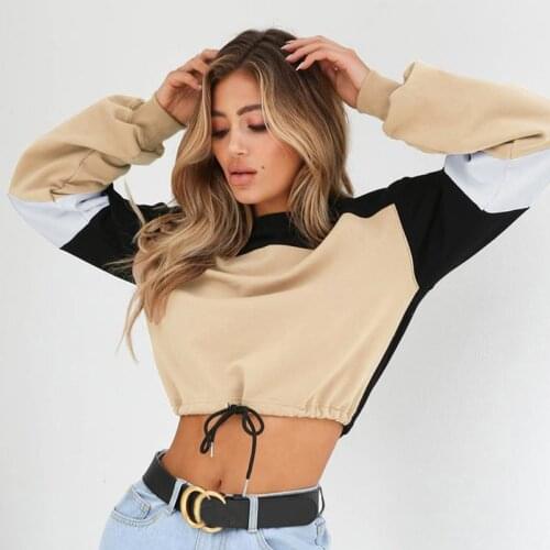 Casual Pullovers Sweatshirt Women Spring Autumn Long Sleeve Loose Crop Top Sweatshirt Patchwork Neck Elastic Waist Pullovers