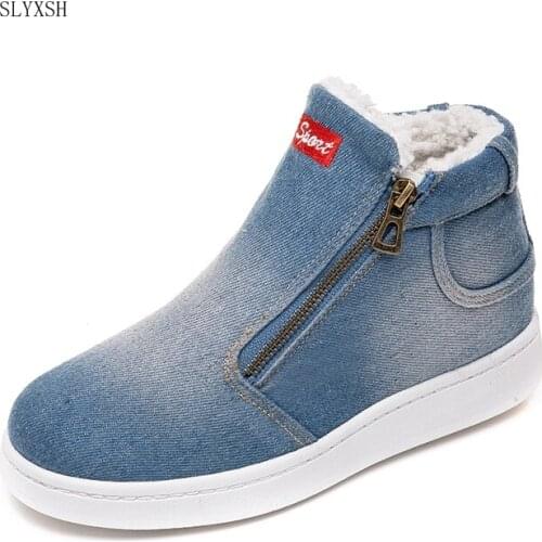 SLYXSH 2019 new Winter Shoes Women Denim Snow Boots Platform Warm Fleeces Classic High Top Round Toe Flat Casual Shoes Sneakers