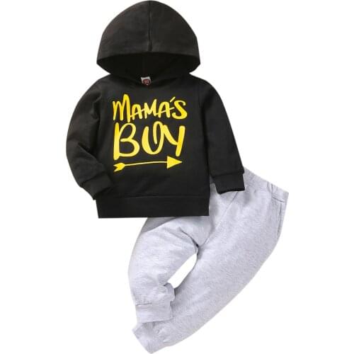 Baby Boy Sports Suit Clothing Sets Letter Print Long Sleeve Hooded Tops+ Solid Color Long Pants for Toddler Boys 3-24 Months