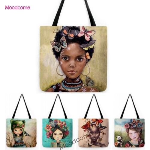 Lovely Cute Africa Girl Blue Pink Flower Head Pretty Girl Fashion Cotton Linen Souvenir Gift Tote Bag Water Proof Shoulder Bag
