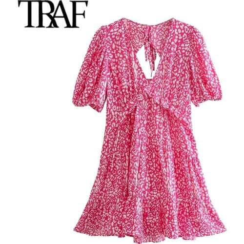 TRAF Women Chic Fashion Animal Print Ruffled Mini Dress Vintage Puff Sleeve Side Zipper Female Dresses Vestidos Mujer