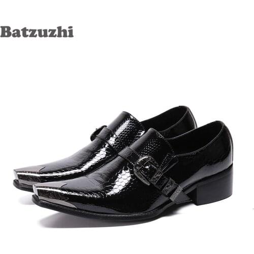 Batzuzhi Fashion Mens Shoes Pointed Metal Tip Leather Dress Shoes Men Slip on Black Business Shoes zapatos de hombre, Big Size