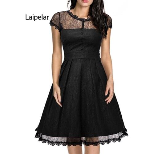 Spring New Womens Dress Solid Color Lady Vintage Lace Dress Hollow Long Casual Zipper Black Dresses Female Short Sleeve