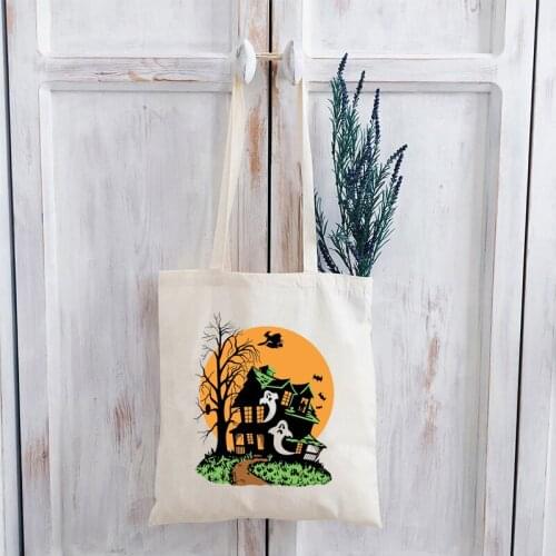 Vintage Haunted House Canvas Bag Plus Fashion Graphic Fashion Tote Bag Halloween Horror Movie Ghoul Shopping Bags Cartoon Print