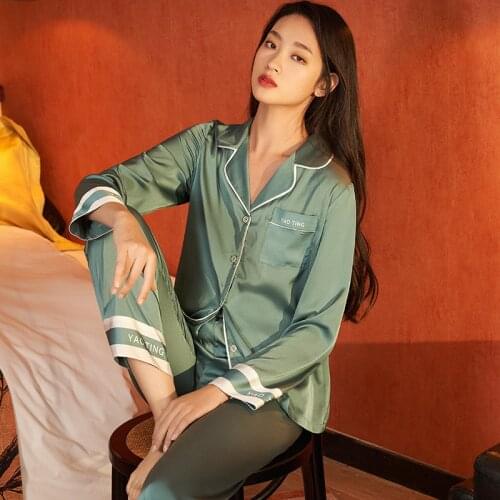 Ladies New Satin Chiffon Simple Pajamas Spring And Autumn Thin Long-Sleeved Trousers Home Service Fashion Ins Wind Suit