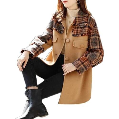 Women Woolen Jacket 2021 New Female Spring Autumn Wool Coat Mid-length Plaid Woolen Overcoat Ladies Loose Plus Size Coats 4XL