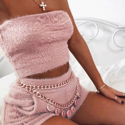 Summer Women 2 Pieces Bodycon Furry Sets Strapless Crop Tops Hot Shorts 2Pcs Ladies Clubwear Solid Sleeveless Tanks+Shorts