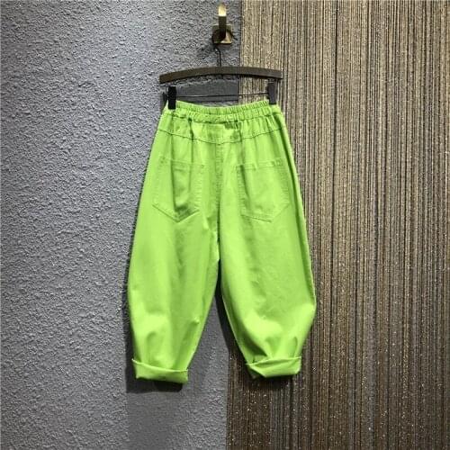 Women Causal Elastic Waist Loose Fit Denim Harem Pants Hole Ripped Rivets Ankle Length Jeans BF Style Drop Crotch Sequined Pants