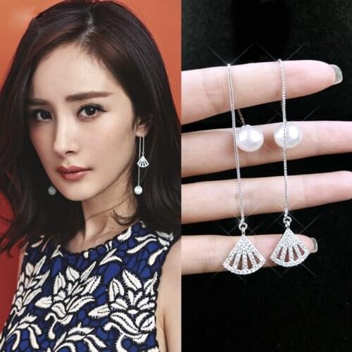 S925 sterling silver fashion wild earrings with temperament geometric fan-shaped pearl inlaid rhinestone earrings for female