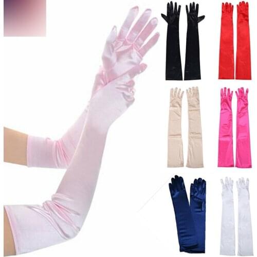 Women Gloves Evening Party Formal Solid Color Satin Long Finger Mittens for Elegant Lady Events Activities Red White Rose Color