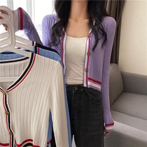 Women Cardigan Crop Top Womens Autumn Short Sweaters Woman Cardigans Single-breasted Long Sleeve Patchwork Outwear 2021 Ins
