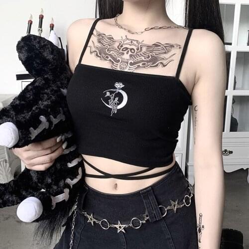 Ruibbit Gothic Moon Camis Punk Black Bandage Rose Graphic Embroidery Women Crop Tops Backless Sleeveless Summer Bodycon Top