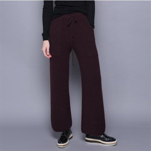 100%cashmere knit women spring autumn winter wide leg pants sashes trousers camel 4 solid color EU/M-L