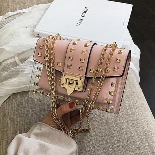 2019 Small clear Brand Designer Woman New Fashion Messenger Bag Chains Shoulder Bag Female Rivets Transparent Square PU Handbag