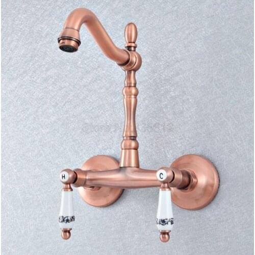 Antique Red Copper Bathroom Kitchen Sink Faucet Mixer Tap Swivel Spout Wall Mounted Double Handles tsf894