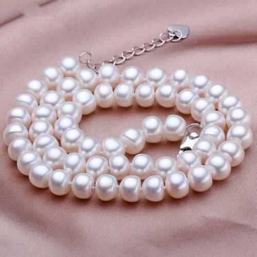 Noble women gift Jewelry Silver Clasp 9-10MM Natural Pearl Necklace jewelry 100% Real White Freshwater Pearl Necklaces