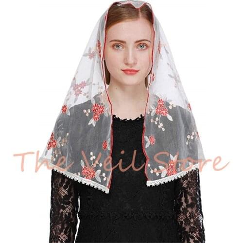 D Shape Women Mantilla Veils Headscarf for church Catholic Red Green White Tulle Lace Embroided Latin Mass MS2002
