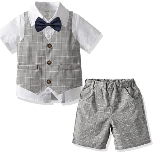 Children Suit 2020 New Summer Baby Boy Shirt Vest Shorts Send Bow Tie Gentleman Four-piece Kids Performance Set Boy Formal Wear