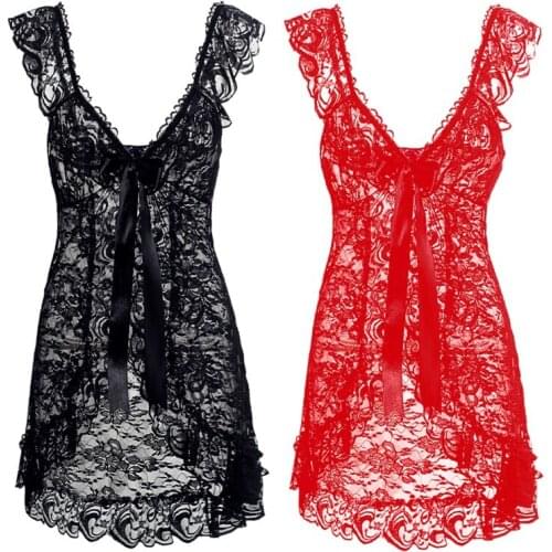 Good Quality Sexy Lingerie Front Open Sleepwear Sets Plus Size Europe and America style sexy lace perspective dress + T pants