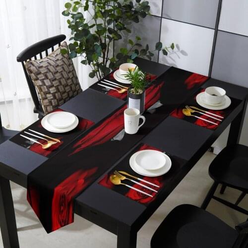 Red Rose Flower Black Table Runner Table Mats Cover For Home Wedding Banquet Festival Party Catering Hotel Table Decoration